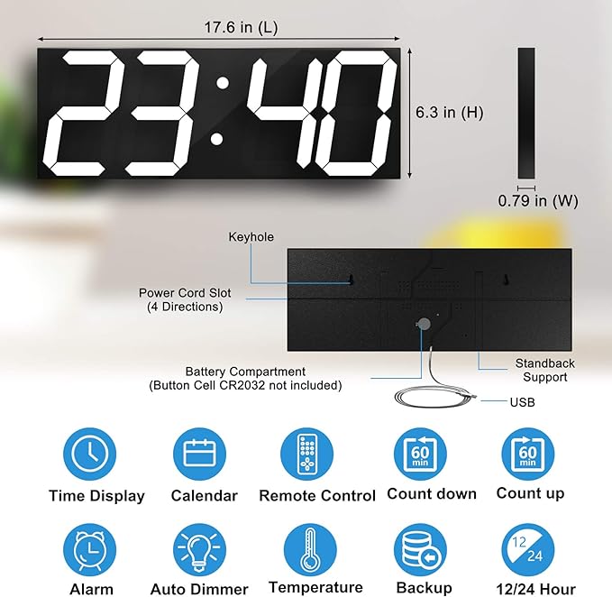 CHKOSDA LED Large Digital Wall Clock, Oversize Wall Clock