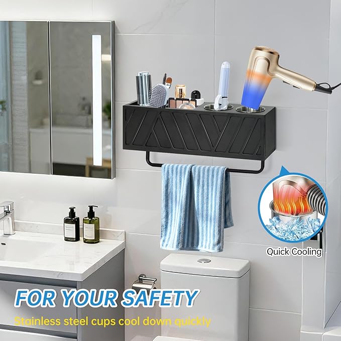 Hair Tool Organizer Wall Mounted with Towel Bar, Wood Hair Dryer and Styling Holder for Bathroom, Vanity Caddy Storage Stand for Storage Bathroom Accessories, Flat Iron, Blow Dryer, Brushes(Black)