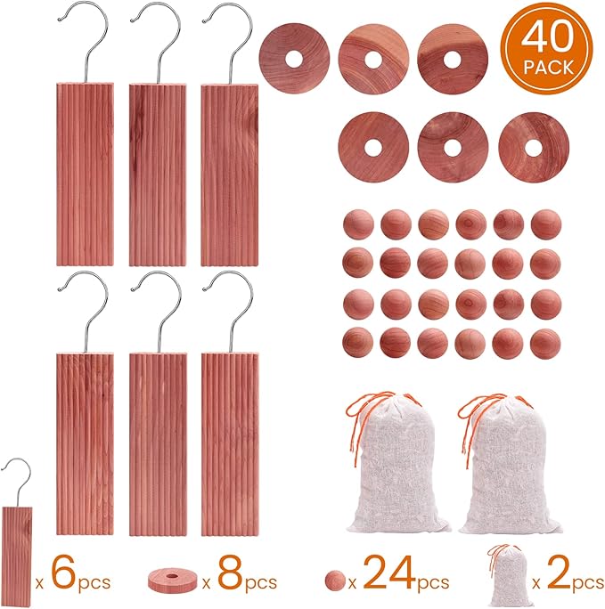 Homode Cedar Blocks for Clothes Storage, Cedar Wood Chips and Balls for Closets and Drawers, Fresh Scented Sachets, 40 Pack