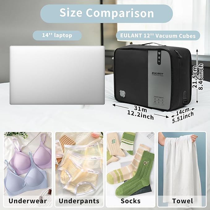 Reusable Compression Small Packing Cubes for Women Underclothes,Professional IP67 Vacuum Bags for Underwear,briefs,Socks etc.Packing Cubes for Suitcases Luggage for Travel Trip(12 inches,No Pump)