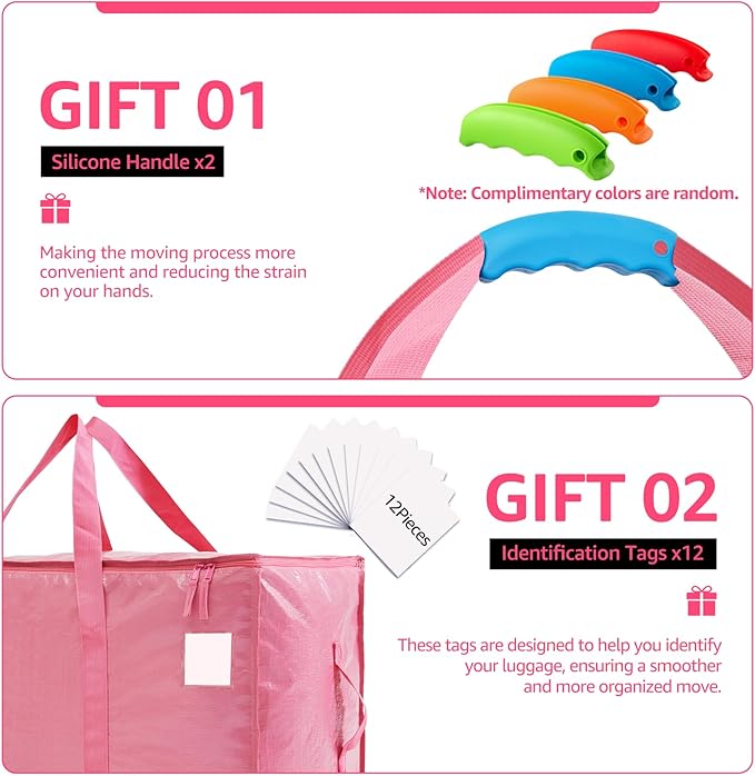 Moving Bags Heavy Duty Extra Large, Moving Boxes, Moving Supplies Essentials, Storage Bins with Lids, Plastic Packing Totes, Storage Bags for Clothes with Handles & Zippers(Pink, 12 Pack)