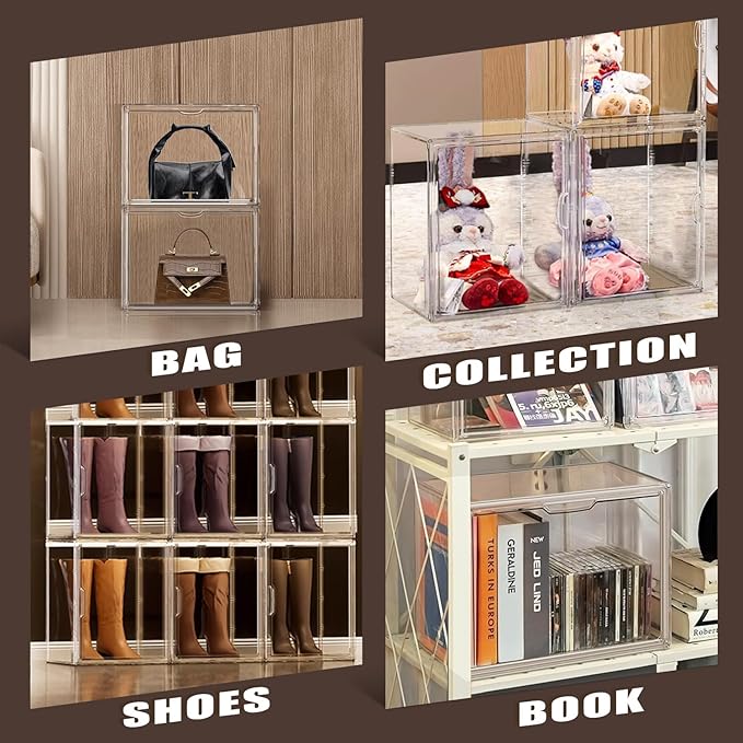 10 Pack Acrylic Shoe Box Size 14, X-Large Purse Handbag Organizer Clear Sneaker Display Case Boot Storage Box Transparent Stackable Storage Bins with Magnetic Lids