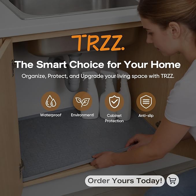 TRZZ Silicone Waterproof Under Sink Mat 28" x 19", Drip Tray and Cabinet Liner for Kitchen and Bathroom, Prevents Water Damage and Organizes Cabinets (Black)