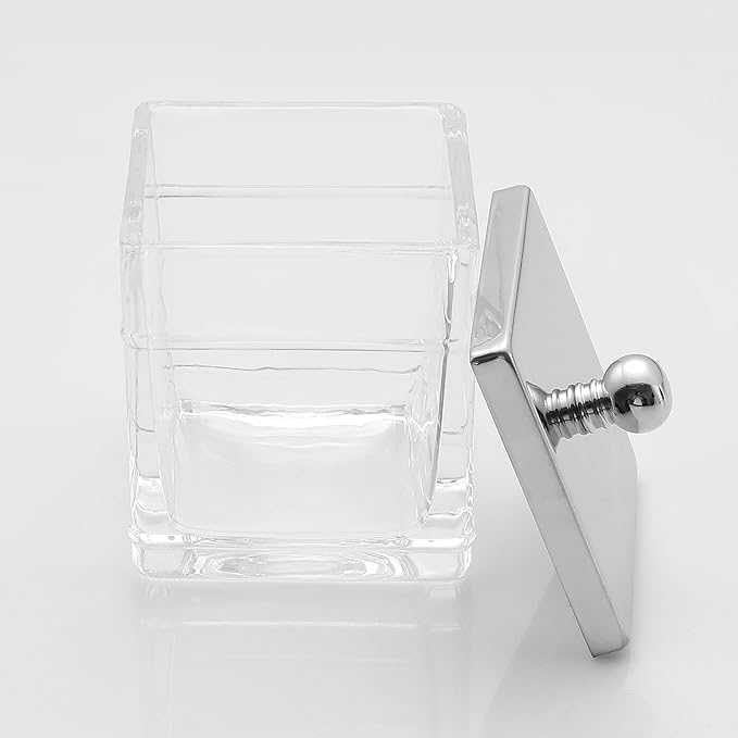 Glass Cotton Jar Holder 2 Pack– Silver/Chrome Lid, Elegant Bathroom Storage Canister for Qtips, Cotton Balls, Floss, Makeup Organizer, Vanity & Bathroom Organization