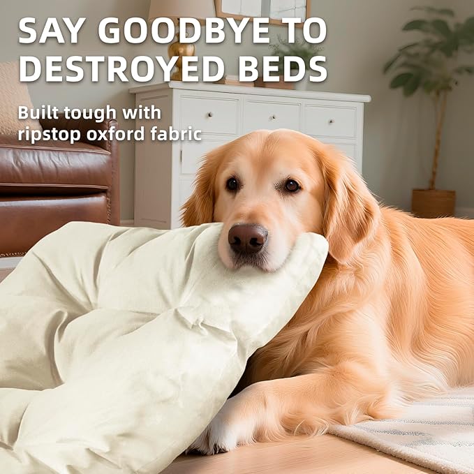 Chew Resistant Dog Bed for Extra Large Dogs - Durable 47"x29" Kennel Pad with Soft Plush Filling, Machine Washable Crate Mat for Aggressive Chewers, Indoor Outdoor Pet Bed, Beige