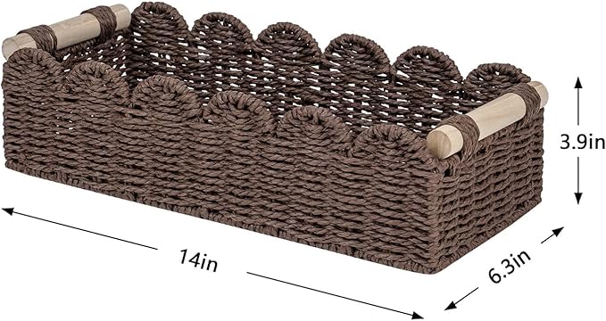 CubesLand Paper Rope Scalloped Edge Shelves Storage Basket, Woven Toilet Paper Baskets for Over Toilet Storage Shelf, Ending Table, Floating Shelves Organizing or Home Décor, with Wood Handle, Brown