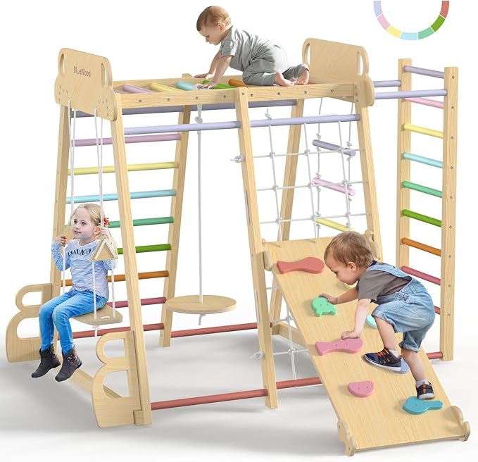 Upgraded Indoor Jungle Gym 9-in-1 Playground Kids Climbing Toys | Waldorf Style Wooden Climber Playset with Slide, Swing, Monkey Bars, Upright/Rope Ladder, Climb Net, Colorful