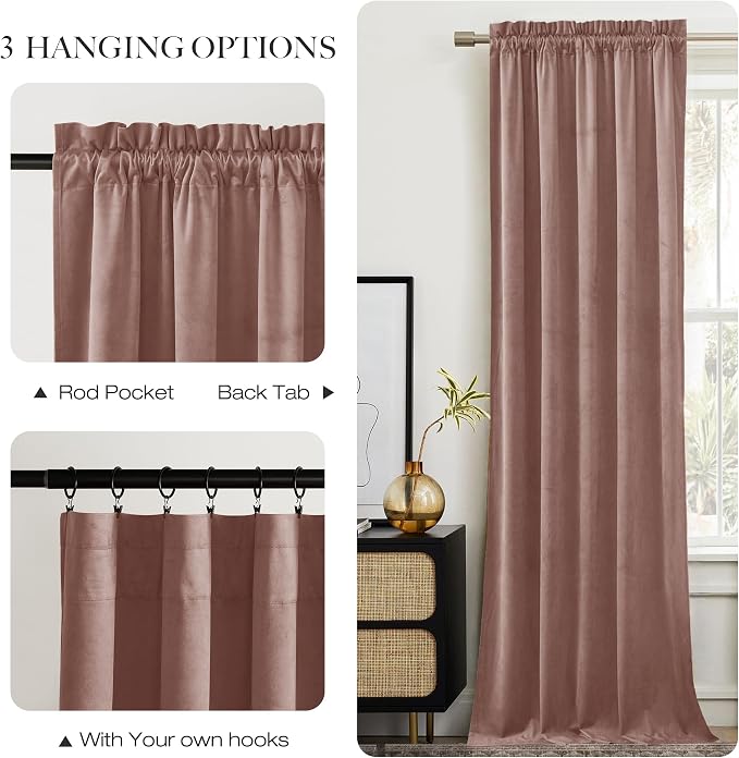 NICETOWN Dusty Pink Velvet Curtains 90 inches Long 2 Panels Set, Thermal
