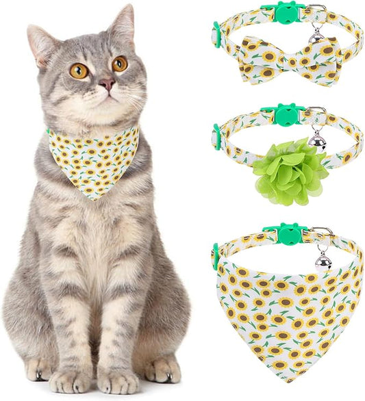 Breakaway Cat Collars with Bell & Cute Pendants - 3 Pack Adjustable Safety Kitten Collars - Decoration for Girl Boy Cats Puppy and Small Pets (Style C - Sunflower)