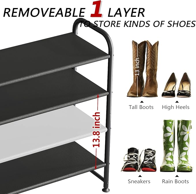 Shoe Rack 4 Tier Long Storage Organizer Wide Metal Shoe Shelf for Closet Entryway Black