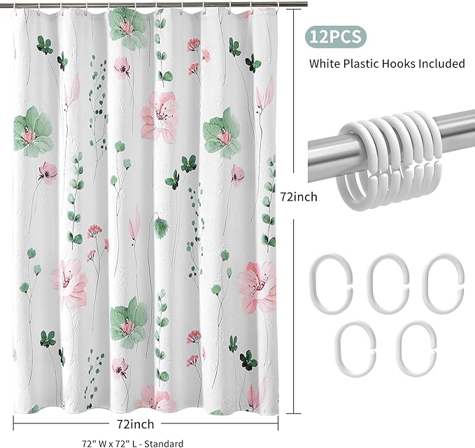 QiyI Watercolor Floral Shower Curtain, 3D Embossed Butterflies Sage Green Botanical Bathroom Curtain, Pink Flowers Cloth Bath Curtain, Waterproof Fabric Textured Shower Curtain Set with Hooks, 72x72