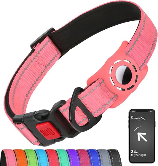 Airtag Dog Collar with AirTag Holder for Puppy Small Dogs, Reflective, Soft Padded & Safety Locking Buckle, Nylon Pet Collars Adjustable for All Breeds, Pink,XS
