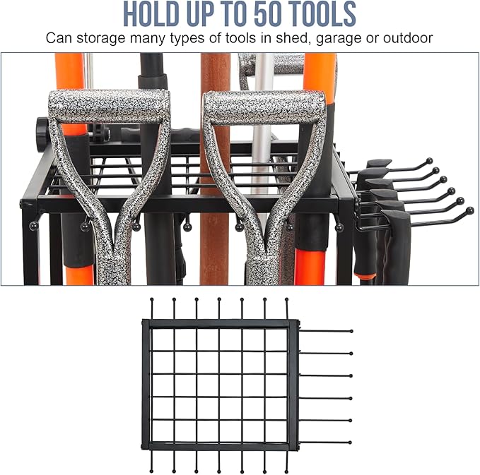 Garden Tool Organizer Holds 50 Long-Handled Tools/Rakes/Brooms/Shovles for Garage Organization and Storage, Shed, Outdoor, Lawn, Heavy-Duty Steel, Black, Easy Assembly (Corner Tool Organizer)