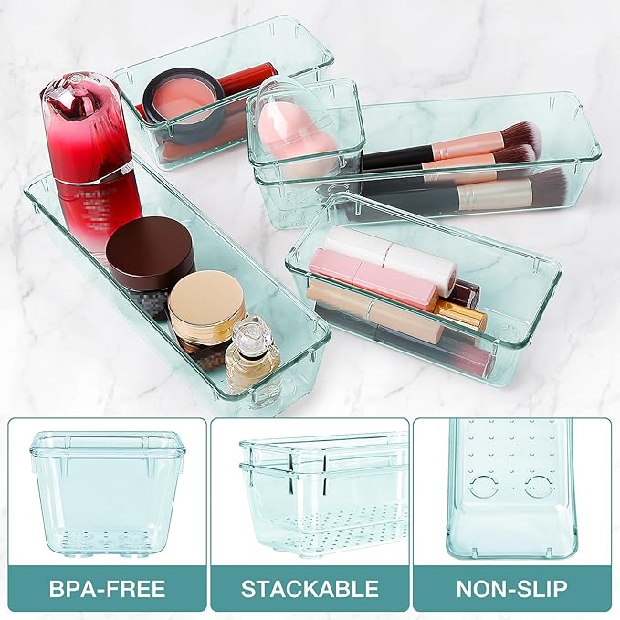 StorMiracle 16 PCS Drawer Organizer Set, 5 Varied Size Bathroom and kitchen Drawer cabinet organizer Trays, Clear Storage Bins for Makeup, Jewelry, Utensils and Gadgets