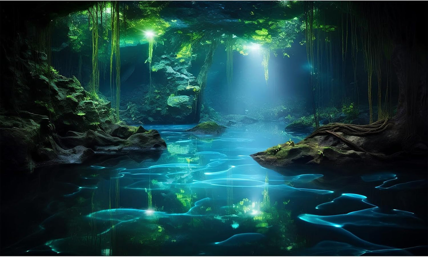 Cave Aquarium Background Underwater Cave with Light Beam Tranquil Stream Terrarium Background Mysterious Elegant Fantasy Tropical Plants Fish Tank Backdrop Wallpaper Poster Decorations Vinyl 60x24in