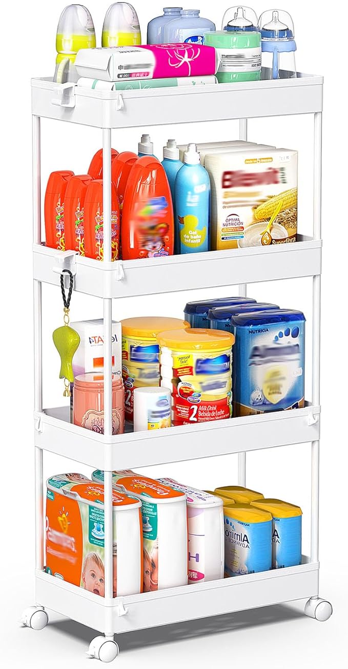 SPACEKEEPER Storage Cart, 4-Tier Mobile Shelving Unit, Bathroom Rolling Cart Utility Storage Organizer Shelf for Kitchen Living Room Bathroom Laundry Room & Dressers, White