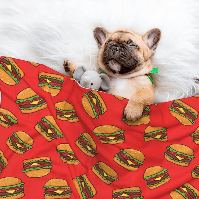 Double Sided Plush Pet Blanket with Cozy Dot Texture and Smooth Reverse, Burger Hamburger Pattern Red, Reversible Throw for Dogs Cats on Couches Beds Crates