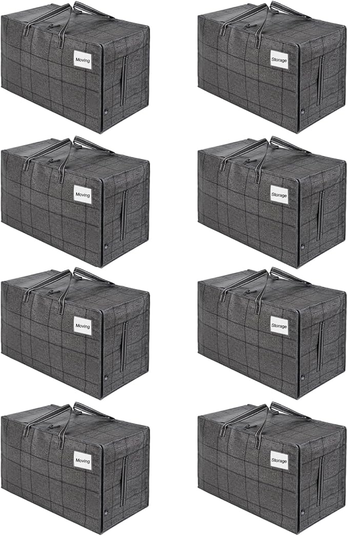 VENO 8 Pack Moving Bags, Moving Supplies, Moving Boxes, College Packing Storage Boxes with Lids Alternative, Heavy Duty Dorm Organizer Tote, Extra Large, Sturdy Handles, Zipper (Windowpane, 8 Pack)