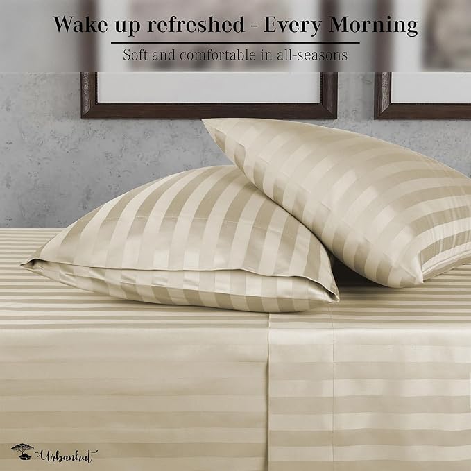 URBANHUT 1000 Thread Count Egyptian Cotton Damask Striped California King Sheets, Long Staple Soft & Breathable, 4 Pc Bed Sheet Sets, Luxury Hotel Sateen Sheets Fits 16" Deep Pocket - Ivory