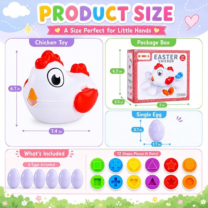 Toddlers Easter Chicken Eggs Matching Toys for Boys Girls 2 3 4 5 Years, Colors & Shape Matching Game, Preschool Sensory Fine Motor Skills Development Toy, Birthday Gifts for Baby Boys Girls
