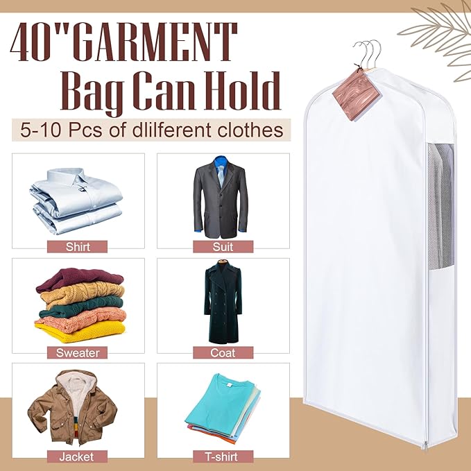 Cotton Garment Bag for Hanging Clothes and Storage with Cedar Blocks for Fresh Smell and Moth Protection Sandpaper for Suit Fur Coat Jacket Sweater(40 x 24 x 6 Inch,White,1 Set)