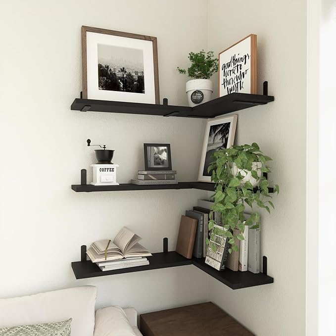 WOPITUES Wood Floating Shelves Set of 6, Shelves for Wall Decor, Farmhouse Shelf for Bedroom, Bathroom Storage Shelves, Book Shelves for Living Room-Black