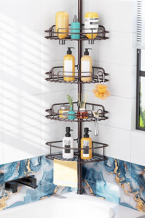 HAMITOR Shower Caddy Tension Pole: 4-Tier Rustproof Bathroom Corner Shelf Organizer for Renters - No Drill Large Shampoo Storage Rack Adjustable 47-121 Inch - Space Saving Bathtub Accessory - Bronze