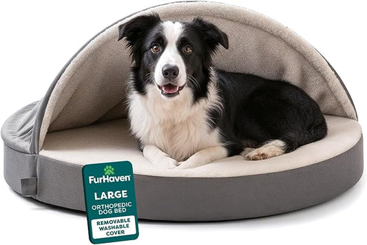 FurHaven Round Orthopedic Dog Bed for Large Dogs, Egg Crate with a Solid Orthopedic Foam Base with Attached Blanket Hood and Removable Washable Cover, Large, Sherpa & Suede Snuggery, Gray