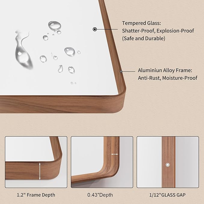 LOAAO 55X36 Inch Bathroom Mirror with Wood Grain Colored Metal Frame, Rounded Rectangle Metal Framed Bathroom Mirror, Anti-Rust, Hangs Horizontally or Vertically, Tempered Glass