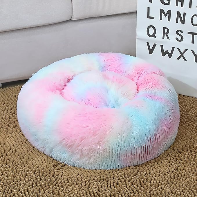 Calming Dog Bed for Small Dogs, Calming Donut Cuddler Pet Bed Anti Anxiety Round Dog Bed Fluffy Plush Faux Fur Cat Bed,Colorful Pink,23.6IN