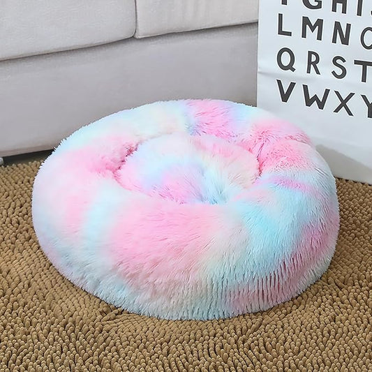 Calming Dog Bed for Small Dogs, Calming Donut Cuddler Pet Bed Anti Anxiety Round Dog Bed Fluffy Plush Faux Fur Cat Bed,Colorful Pink,31.5IN