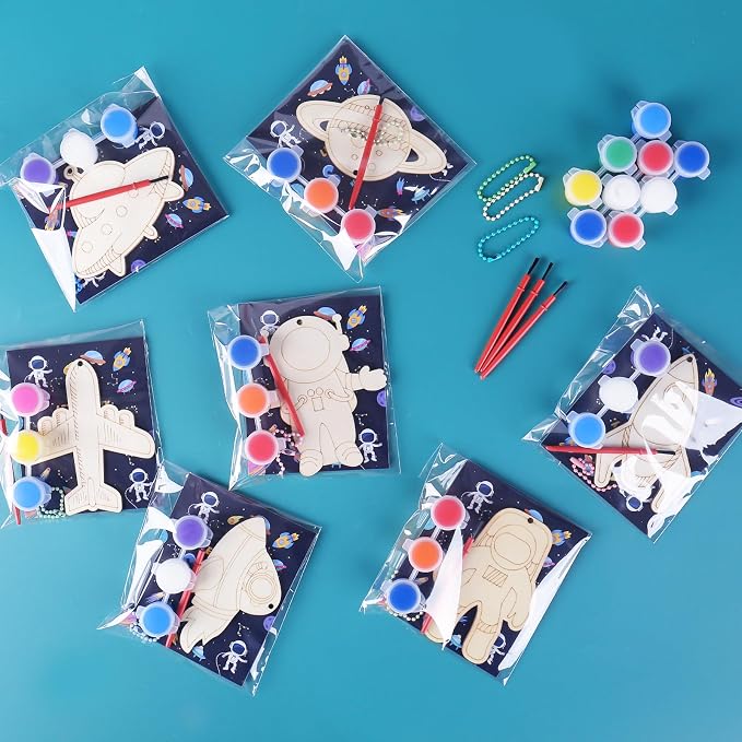 JOTIKO 12 Pack Space Party Favors - Wooden Keychains Painting Kits Toy Arts Crafts for Kids, Out Space Astronaut Birthday Party Return Gifts Activities Goodie Bag Stuffers Classroom Prize Exchange