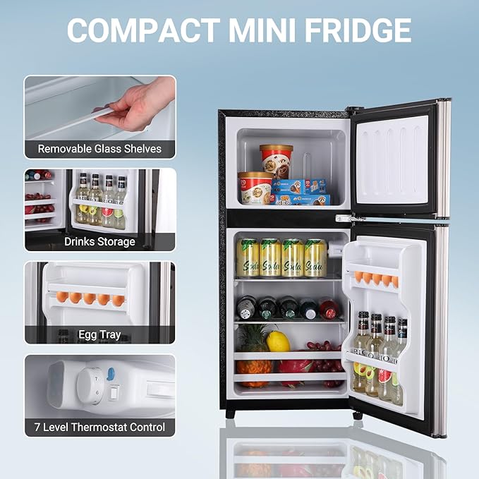Dorm Fridge with Freezer, Small Refrigerator 3.6 Cu. Ft. with Freezer for Apartment, Temperature Adjustable Apartment Size Fridge for Kichen, College, RV, Office, Silver