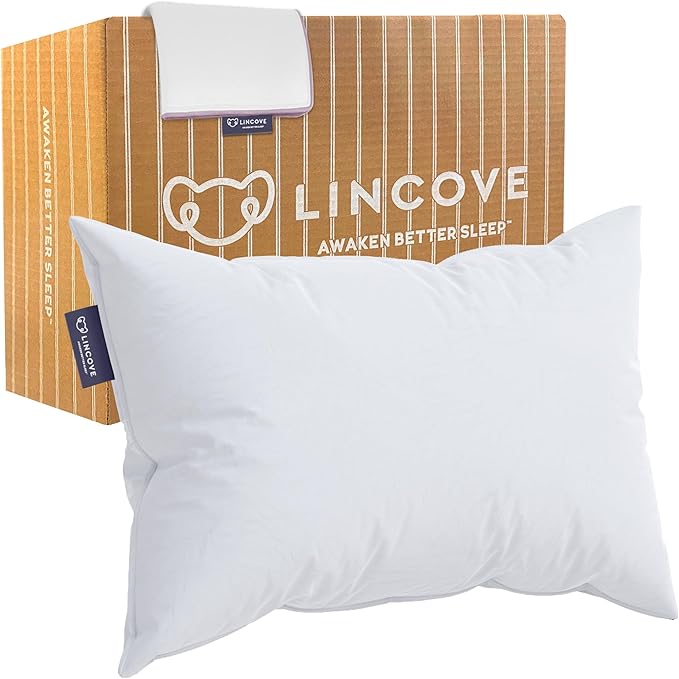 Lincove Recreation Sleeping Pillow, Filled with Premium Down, 600 Fill Power – Includes A Pillow Protector, 400 Thread Count Pillow Shell, Queen - Medium, 1 Pack