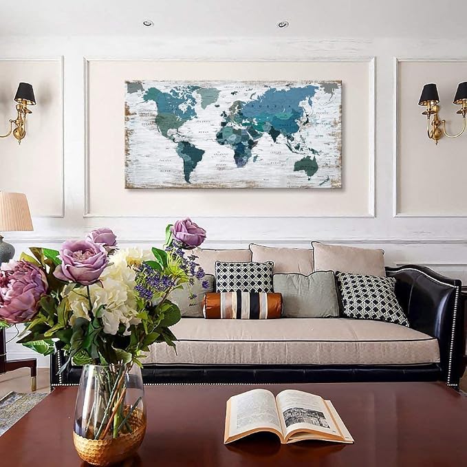 Teal Decor World Map Canvas Wall Art Pictures