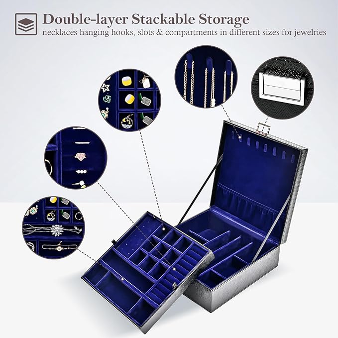 ProCase Jewelry Box for Women, 2 Layers Large Leather Jewelry Organizer Storage Case with Removable Pad for Earrings -Lizardblack