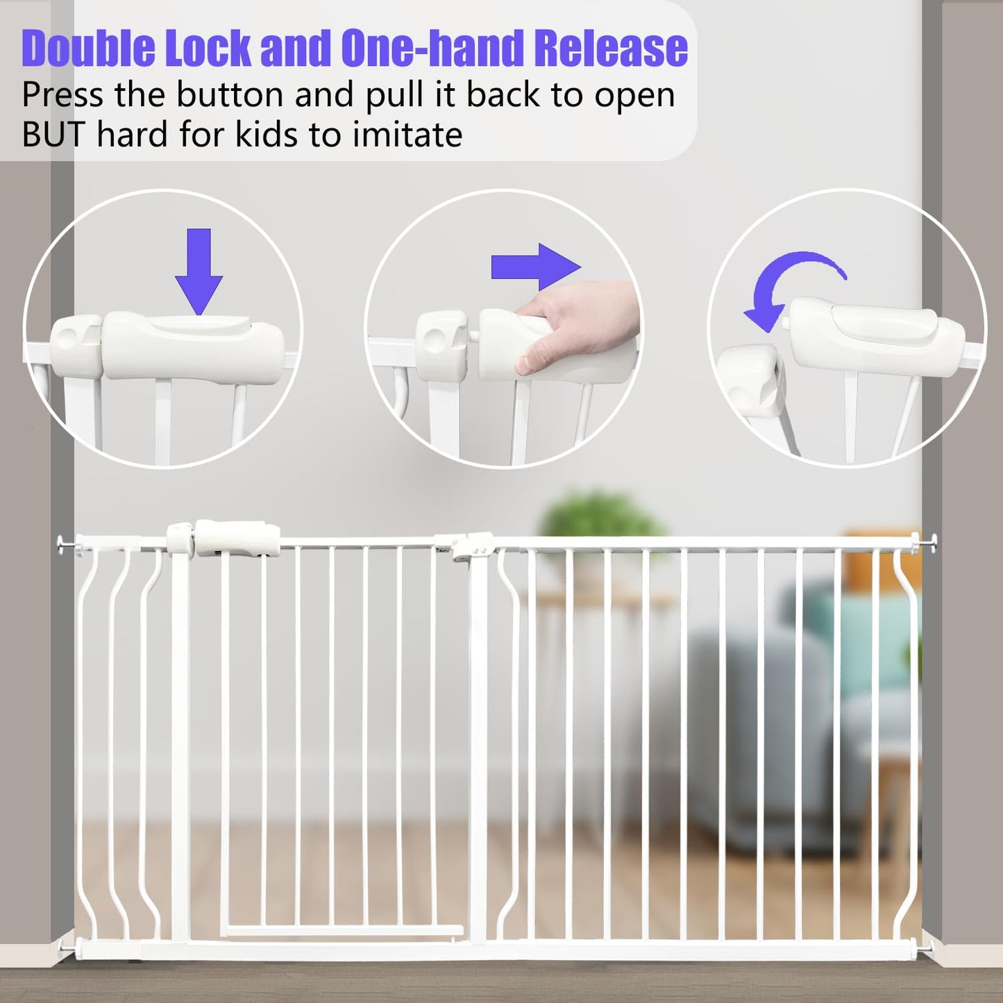 Extra Wide Baby & Dog Gate 62-67 Inch, Pressure Mounted No Drilling, Adjustable Indoor Safety Gate for Stairs & Wide Doorways - Metal Design for Kids and Pets, White