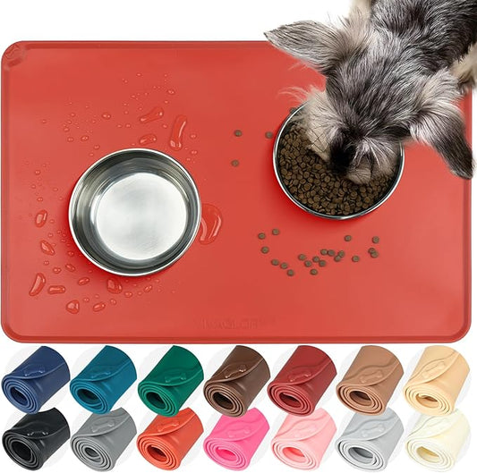 VIVAGLORY Dog Food Mat Flexmat Dog Bowl Mat, Placemat Food Tray with Raised Edges & Lip for Indoor Floor, Non Slip Waterproof Silicone Dish Placemat for Cat & Pet, S, Orange