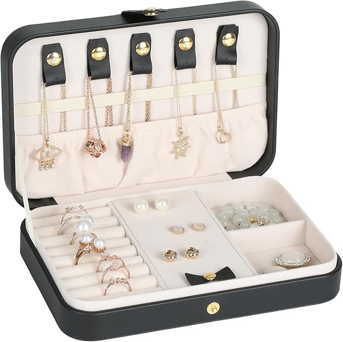 Small Jewelry Box, Travel Jewelry Case Portable Jewelry Boxes for Women, 2-Layer Mini Jewelry Travel Organizer, Gift for Women Girls,Black D