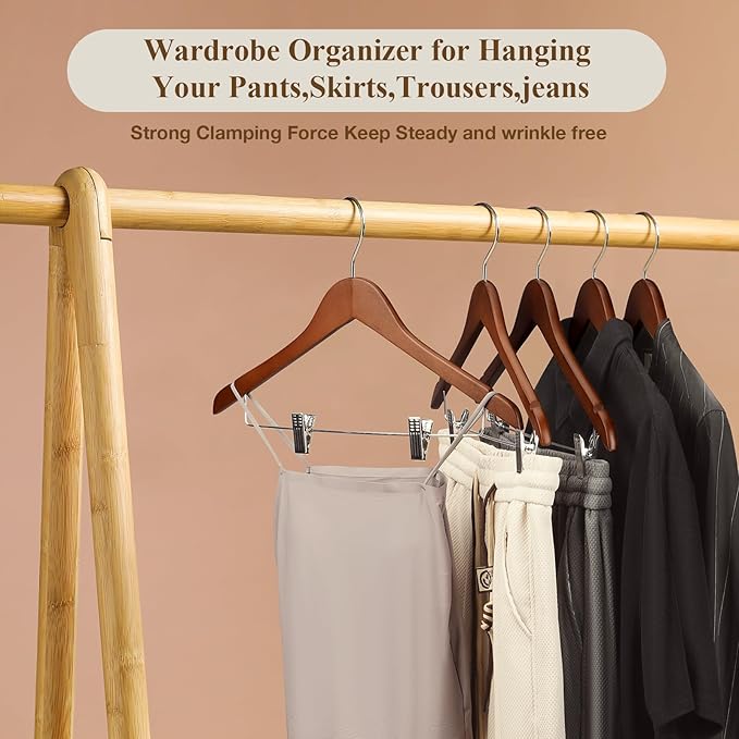 Wooden Hangers with Clips 24 Pack Wooden Pants Hangers,Skirt Hangers with Clips,Adjustable Heavy Duty Clip Hangers,Hangers for Pants,Jeans,Slacks,Shorts （Walunt）