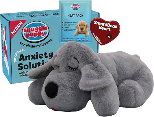 Snuggle Puppy Heartbeat Puppy Toy for Dogs with Real-Feel Pulse and Heat Pack, Calming Comfort Toy for Dog Anxiety, Crate Training and First Nights - Gray