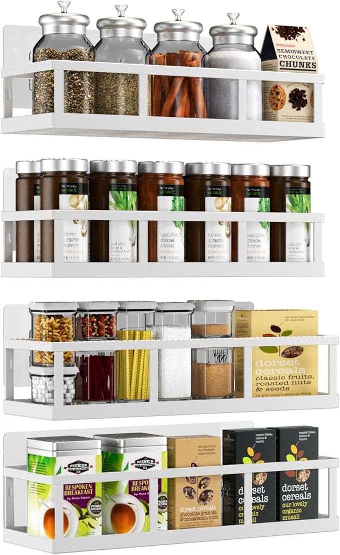 Spice Rack Wall Mounted, 4 Pack Pantry Door Organizer & Hanging Storage Baskets Organizer Wall Mount, Large Capacity Metal Spice Shelf for Kitchen Cabinet, Bathroom, Shower, Home Decor