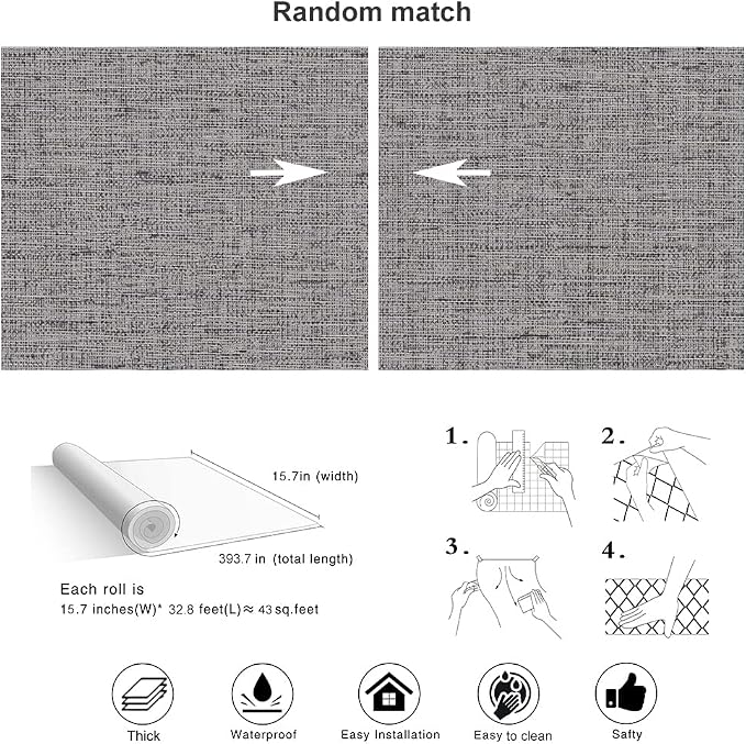 Grey Contact Paper Peel and Stick Wallpaper 32.8ft Pre-Pasted Grasscloth