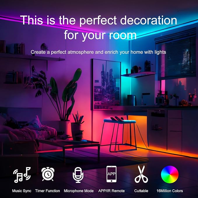 50 FT LED Lights For Bedroom, Music Synchronized RGB Color Changing LED Strip