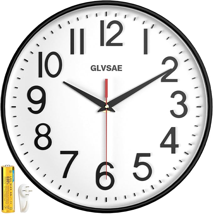 GLVSAE Wall Clock 12 Inches Non-Ticking Wall Clocks Battery Operated Large Easy