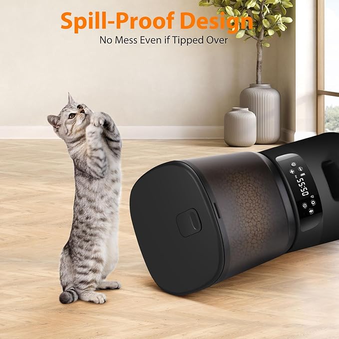 Automatic Cat Feeder, Cat Food Dispenser with Stainless Steel Bowl, Timed Portion Control 20 Portions 6 Meals Per Day, Voice Recorder, Dual Power Supply for Small Dogs (Black)