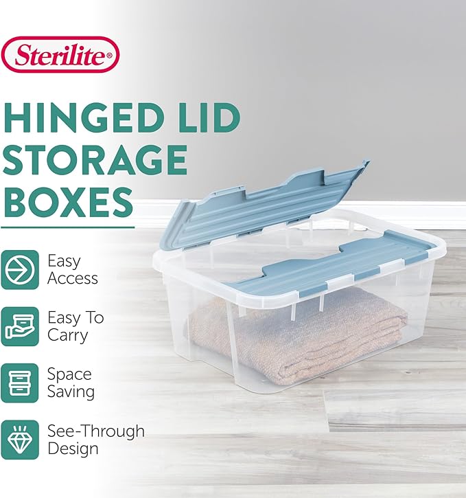 Sterilite 6 Pack Hinged Lid Storage Box, 40 Qt Plastic Container, Washed Blue - Home Organizer Tote for Storing Shoes, Crafts, Clothing, or Decor