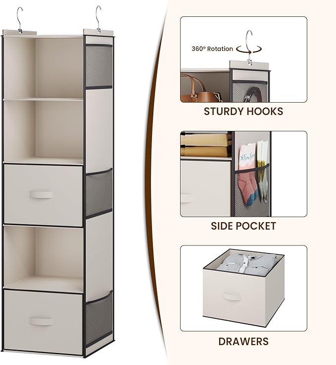 YOUDENOVA Hanging Closet Organizer, 5 Tier Hanging Closet Shelves with 6 Side Pockets and 2 Drawers, Beige