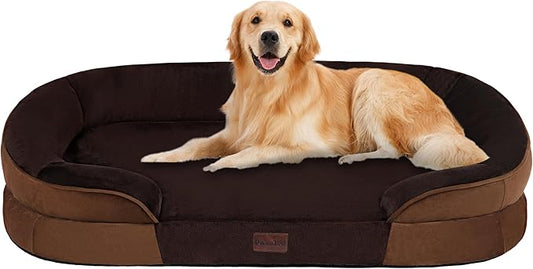Dwanton Orthopedic Dog Bed for Large Dogs with Gel Memory Foam, Waterproof Dog Sofa, Washable Pet Bed with Four Sided Bolster Cushion, Removable Cover & Non-Slip Bottom, 42", Brown