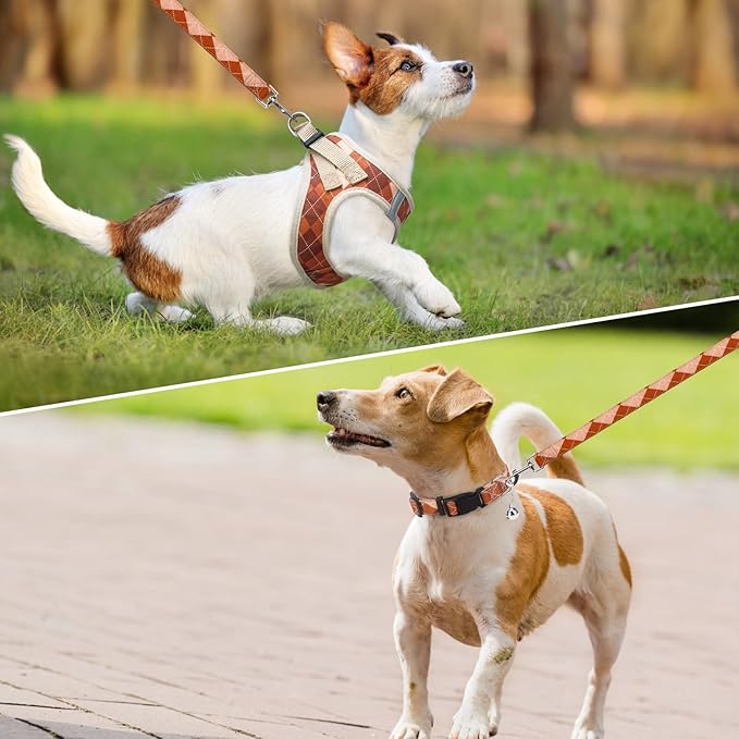 SCENEREAL Fall Thanksgiving Small Dog Harness and Leash Collar Set, Step in No Pull Plaid Puppy Harness for Small Dogs Outdoor Walking, Soft Mesh No Chock Reflective Vest Harness, Brown XS